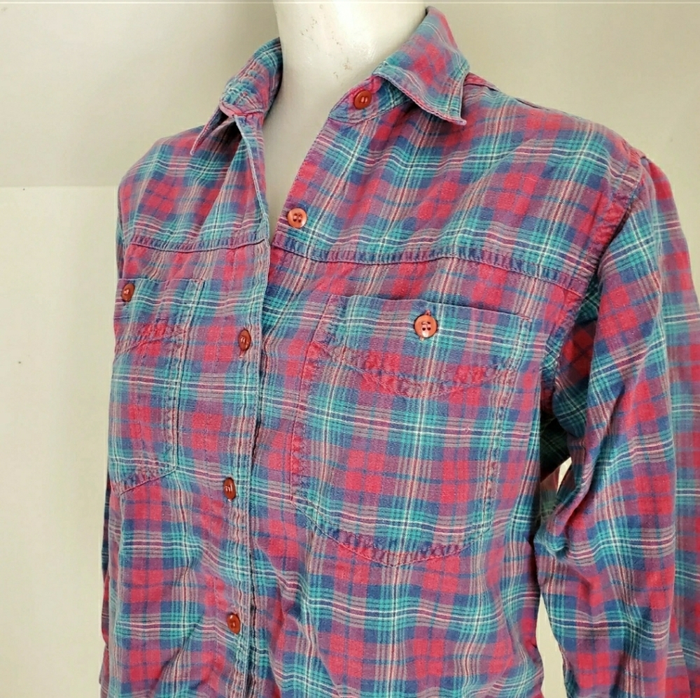 90s Vintage Pink & Blue Plaid Button Front Shirt - Picture 4 of 9